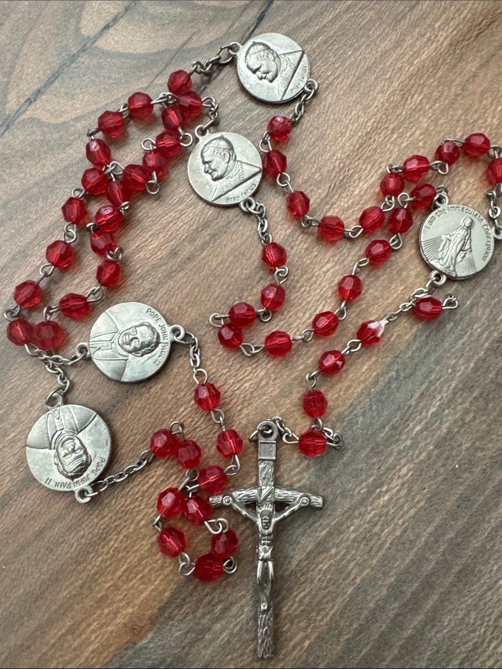 Estate Red Beaded Catholic Rosary Necklace with Silver Medallions